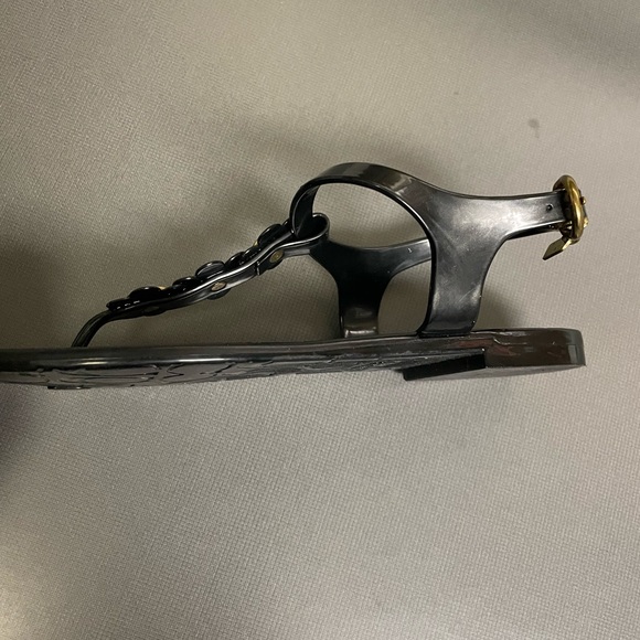 Coach black jelly t strap thong sandals 6B A4584 gold crystal  flowers. - Picture 5 of 9